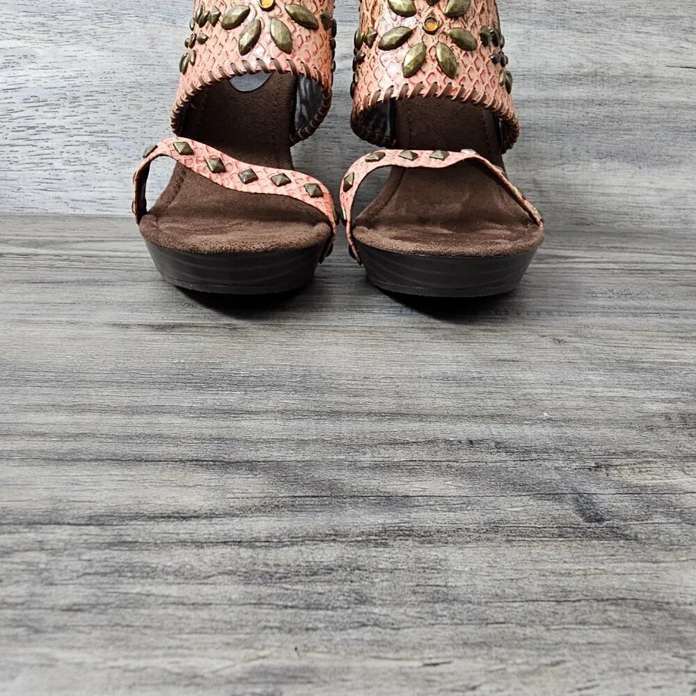 Amanda Smith Salmon Topaz Bead Adorned Leather Boho Platform Heel Sandal NEW
